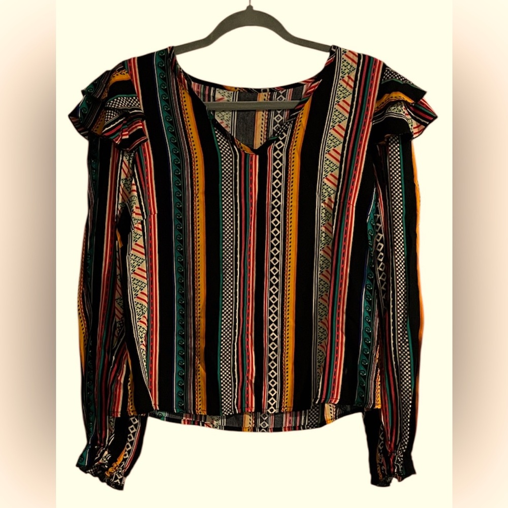 Bohemian Multicolor Striped Women's V-Neck Cropped Top Ruffled Shoulder Sz L